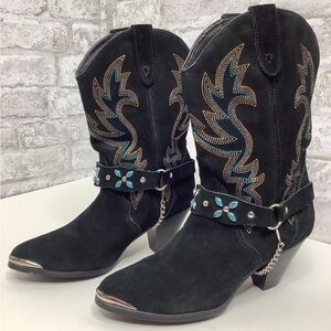 dingo Black Suede Western Heeled Boots with Turquoise Accents